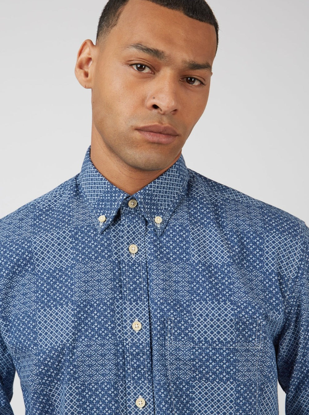 Camisas Ben Sherman Chambray Patchwork Geo Print Long-Sleeve Azules | 071-MJCRGS