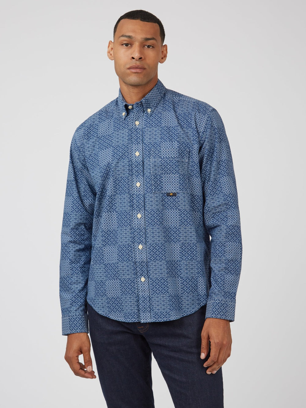 Camisas Ben Sherman Chambray Patchwork Geo Print Long-Sleeve Azules | 071-MJCRGS