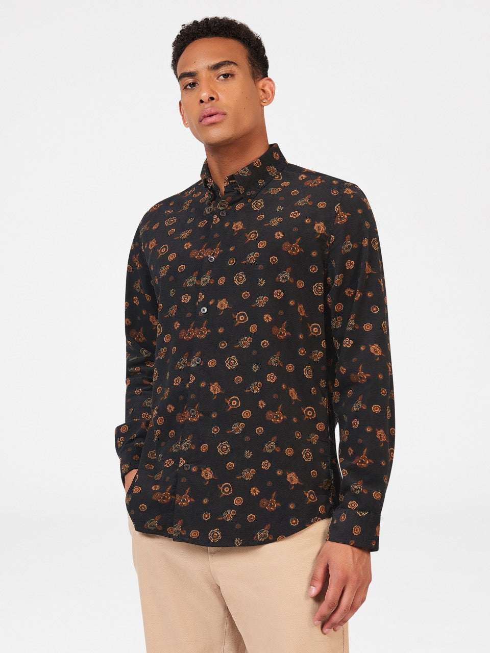 Camisas Ben Sherman Retro Floral Print Corduroy Negras | 239-DPQVGE