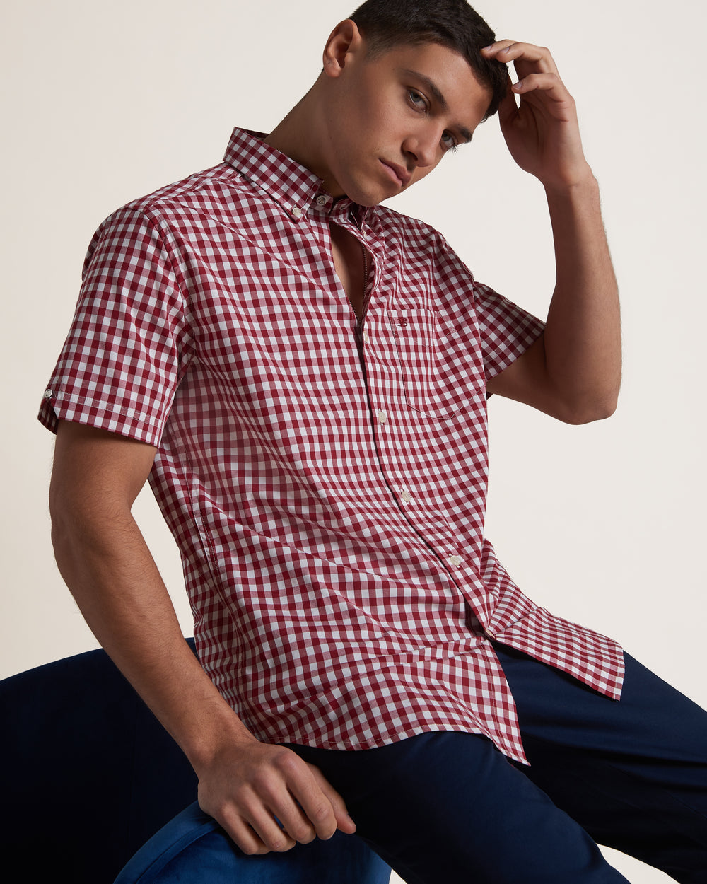 Camisas Ben Sherman Short Sleeve House Poplin Gingham Burdeos | 390-HJGULB