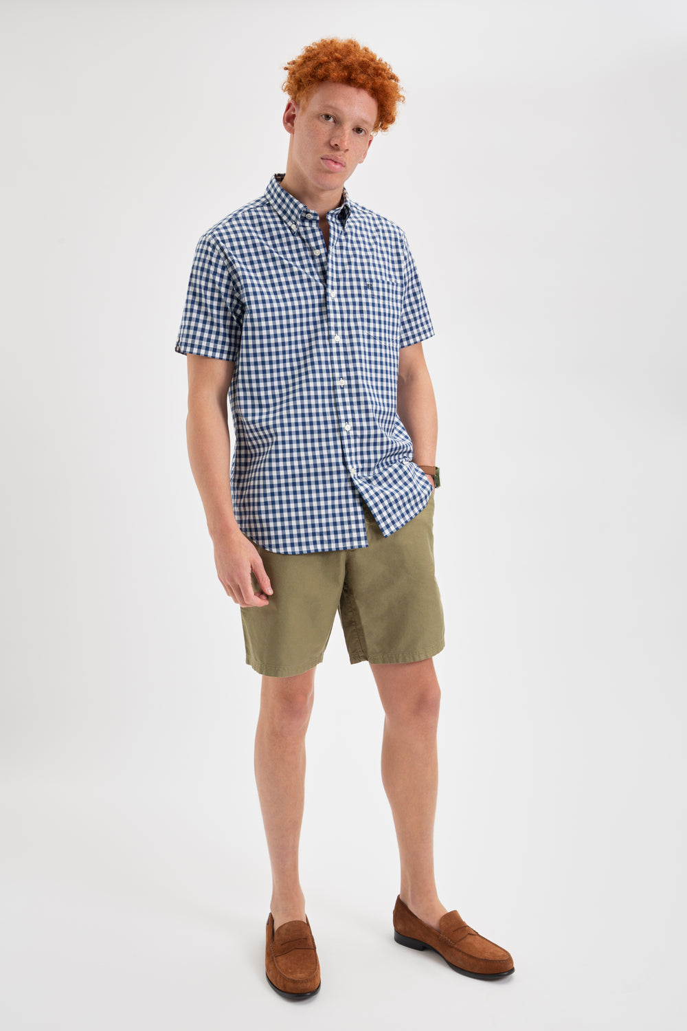 Camisas Ben Sherman Short Sleeve House Poplin Gingham Azul Marino Verde Oliva | 954-XAIJCR